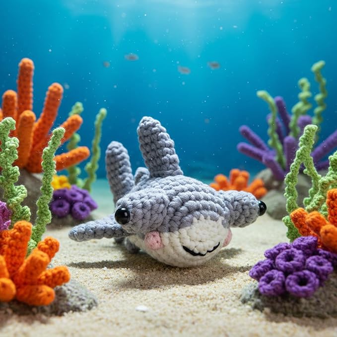 CrochetBox Crochet Kit for Beginners - Hammerhead Shark Starters Crochet Kit, Beginners Crocheting Kitting for Adults Teen, Gifts with Crochets Yarns, Hook, Step-by-Step Video, Instruction