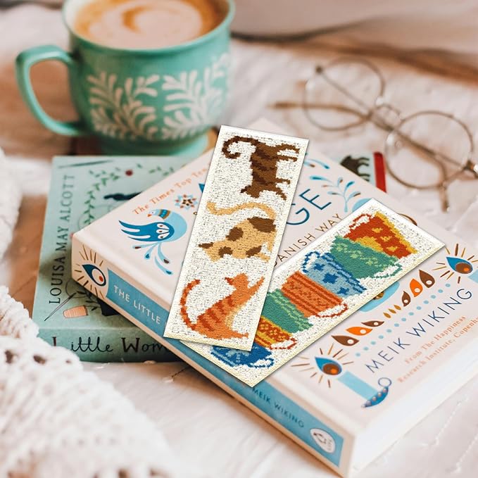 ORIGACH 6 Pcs Cross Stitch Bookmark Kit for Beginner with Backing Felt Floss Instruction Cat Teacup DIY Stamped Embroidery Bookmark Kit for Starter Adults Book Lovers