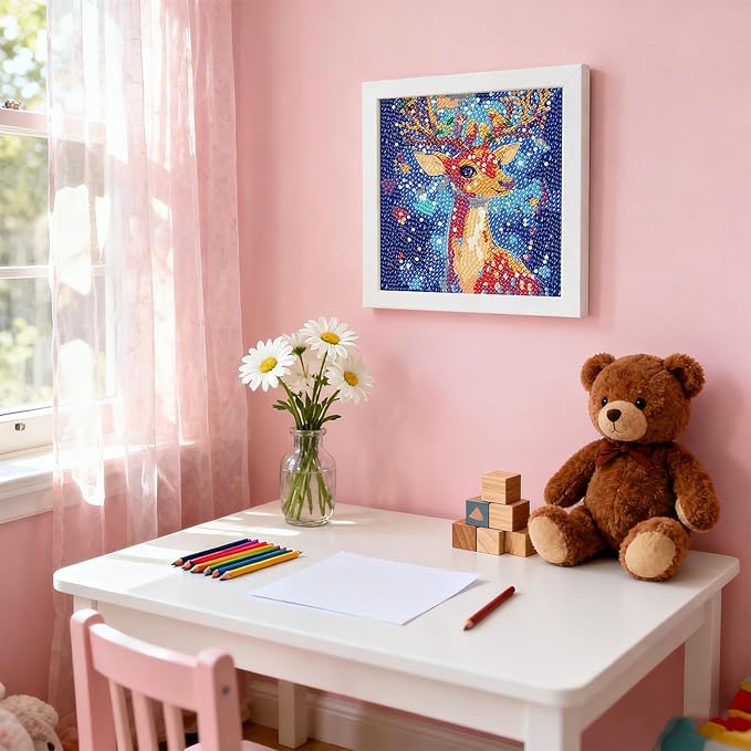 PERFECTSIGHT Cute 5D Diamond Art Kits with Wooden Frame, Kawaii DIY Painting Art for Adults Teen, Diamond Arts and Crafts Sets, Big Gem Full Drill Diamond Dots for Women Beginners (Sika Deer)