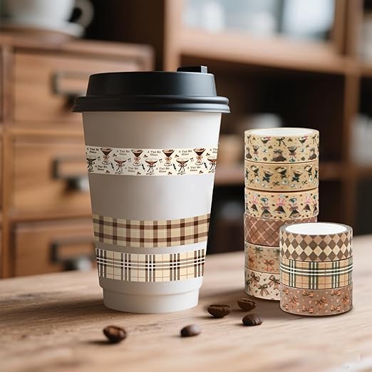 12 Rolls Martini Washi Tape, Vintage Brown Checkered Bow Masking Tape, Martini Coffee Decorative Sticker for Birthday Party Afternoon Tea Holiday Scrapbook Journal DIY Craft Gift Wraps 16.4FT