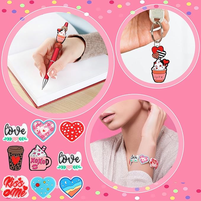 VioraWhite 100 Pcs Valentine's Day Silicone Beads for Pens Series Silicone Beads Charm Keychain Kit Lanyard Making Kit for Bracelet Necklace Jewelry Handmade Crafts Decoration
