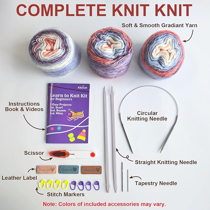 kitcroet knitting kit for beginners, complete beginner knitting kit including knitting needles set, soft gradiant cake yarn, learn to knit scarf, beanie, mittens with step by step video tutorials, new
