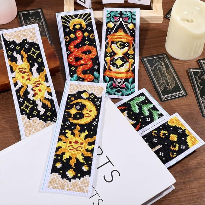 ORIGACH 6 Pcs Cross Stitch Bookmark Kit for Beginner Adults, Tarot The Sun and Star Stamped Embroidery Bookmark Kit with Instruction for Starters Printed Cross Stitch DIY Kits for Book Lovers