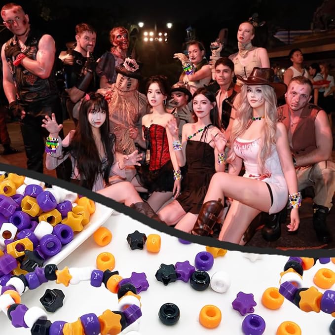 MIIIM 1000PCS 6x9mm Halloween Pony Beads Bulk, 8 Styles Purple Orange White and Black Kandi Beads for Bracelets Making Kit, Hair Braids Crafts for Jewelry Making (Halloween B)
