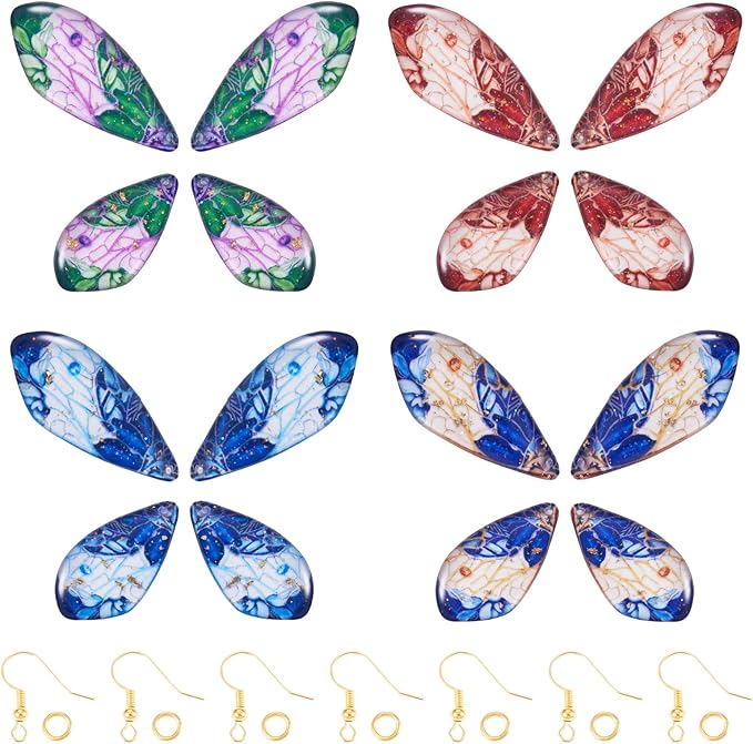 FASHEWELRY 16Pcs Resin Fairy Wing Earring Charms Blue Green Red Butterfly Wing Pendants Flower Print Feather Charms with Jump Rings Earrings Hooks for DIY Earring Jewelry Making