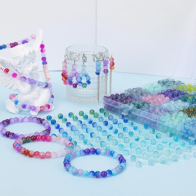 XSEINO About 1200+ pcs 6mm Glass Beads Bracelet Making Kit, 24 Assorted Blue Bi-Color Fusion Series Crystal Beads for Jewelry Making, DIY Crafts, Friendship Bracelets