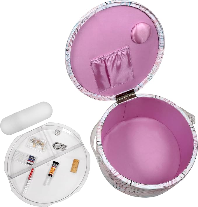 SINGER Premium Round Large Sewing Basket with Matching Zipper Pouch and Emergency Sewing Kit | 30% More Storage Volume (Pastel Palm Leaf)