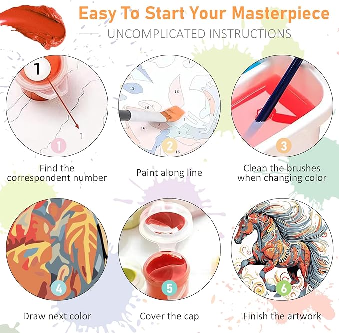 Offito Framed Paint by Numbers Kit for Adults Beginners & Kids Ages 8-12, Horse Acrylic Easy Paint by Number with Frame, Watercolor Paint by Number Kits on Canvas Framed (10 * 10 Inch, Without Easel)