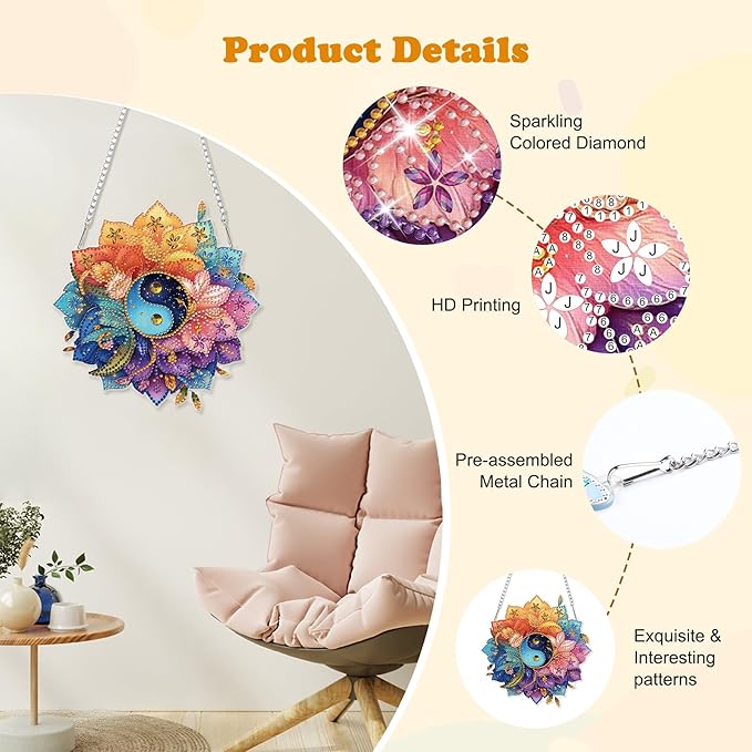 HEIBAGO Mandala Diamond Art Hanging Kits for Adults, Flower Diamond Art Suncatchers, 5D Special Shape Diamond Painting Pendant, DIY Window Ornament Gifts for Home Garden Door Wall Decor 8.3x8.3In