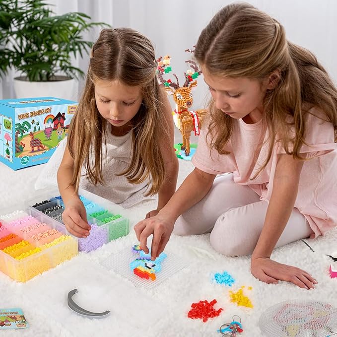 meland fuse beads with mini iron - 24,000pcs beads for crafts for girls age 3-12 year old, 24 color 5mm melty bead set, art & craft kit for girls gift idea for birthday christmas