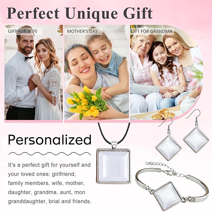Pendant Trays Kit with Cabochon Glass, Square Pendant Bezel Trays Bracelet Blank Bangles Earrings Hooks Blanks for DIY Photo Cameo Jewelry Making Crafts