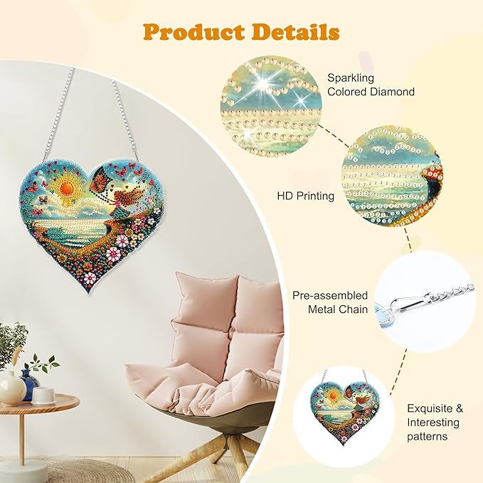 HEIBAGO Diamond Art Hanging Kits for Adults Kids, Hanging Diamond Art Beach Heart Shape, 5D Special Shaped Crystal Diamond Painting Kit, DIY Pattern Window Pendant for Home Wall Decor 8.3x8.3Inch
