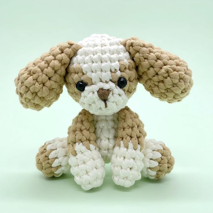 Cute Puppy Crochet Kit for Beginners, Learn to Crochet Animal Starter Set with Video Tutorial & Crocheting Manual, Easy Yarn Knitting Kit for Adult, Stuffed Dog Craft Doll Xmas Gift