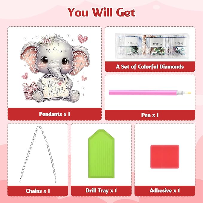 GHHKUD Cute Elephant Diamond Art Hanging Kit for Adults, DIY Double Sided Diamond Painting Hanging Valentines Kits Adults, Special Shaped Acrylic Ornaments Pendants for Window Home Garden Wall