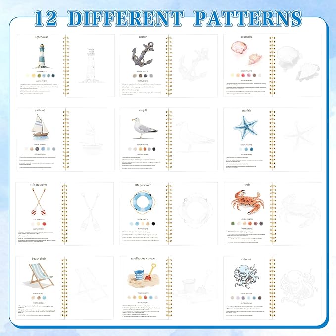 Watercolor Workbook,36 Colors Water Coloring Book Paint Set for Adults,12 Different Patterns of Original DIY Designs, Beginner-Friendly Watercolor Workbooks with Palette and Brush (Ocean)