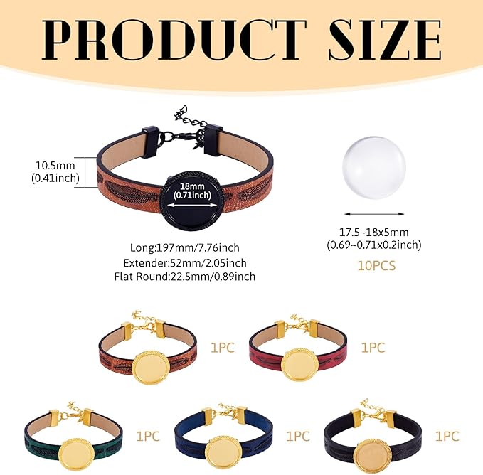 FASHEWELRY 5Pcs PU Leather Cord Bracelet Blanks Bezel Tray Settings Golden Flat Round Tray Cabochons Adjustable Round Tray Bracelet Kits with Glass Cabochons for Jewelry Making