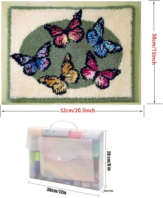 Latch Hook Kits, Butterfly DIY Latch Hook Rug Crafts for Adults Cushion Cross Stitch with Printed Canvas Pattern Embroidery for Home Decor Gift 52X38cm/20.5 Inch X15 Inch