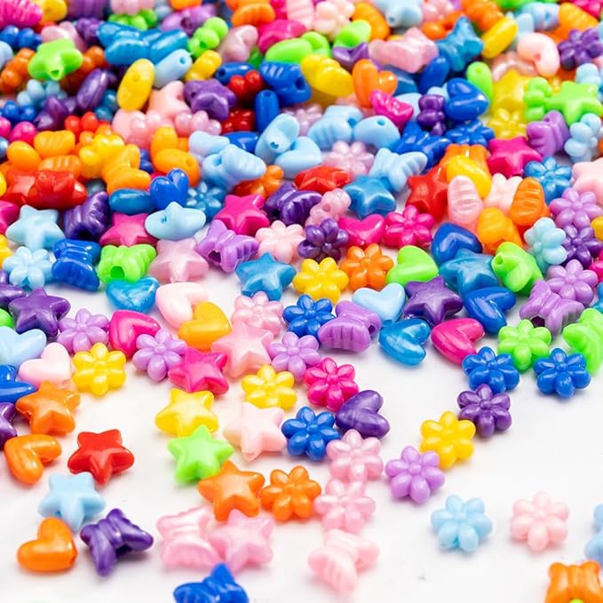 Gxueshan 1000 Pcs Acrylic Plastic Heart Star Mix Perforated Beads Bulk Rainbow Hair Beads, DIY Face Mask Pony Beads for Friendship DIY Kandi Bracelet Necklace Jewelry Making Supplies Kit (Mix)