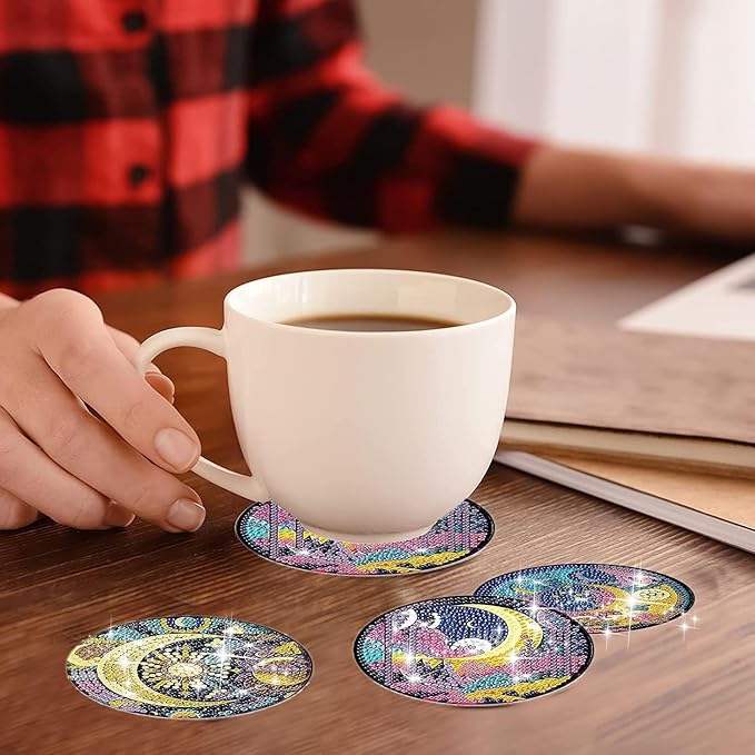 EWJRNSF 8 PCS Small Diamond Painting Coasters Kit, Fall Art Coasters for Adults Beginners, Arts and Crafts Supplies Item Sets Not with Holder Moon