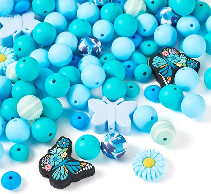 96 Pcs Butterfly Silicone Beads for Keychain Blue Silicone Focal Beads for Bracelet Making Rondelle Flower Daisy Bead for Women Jewelry Making DIY Birthday Supplies