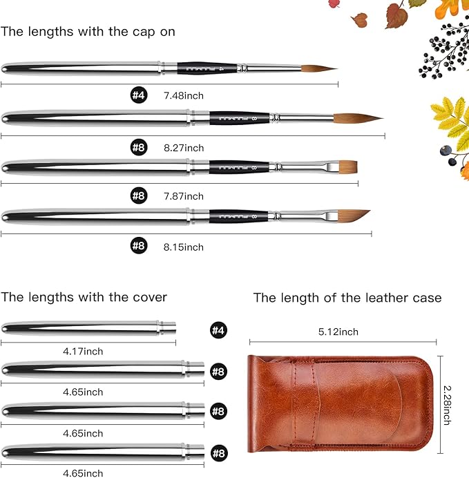Sable Travel Watercolor Brushes, Fuumuui 4pcs Kolinsky Sable Watercolor Travel Brushes with Leather Pouch - Fine Point Rounds Dagger Flat for Watercolor Gouache Ink Painting