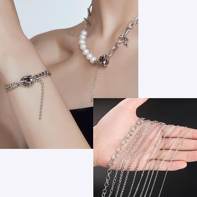 ecoofor necklace chains for jewelry making, 78.7 feet 10 rolls stainless steel jewelry chains for diy necklace bracelet jewelry making with stainless steel jump rings/lobster clasps/connectors