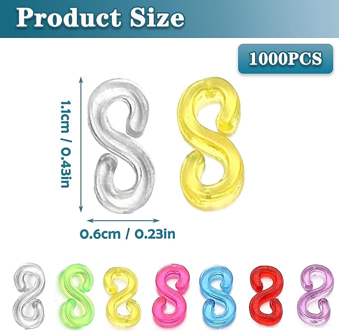 Mecefeno S Clips Rubber Band Clips 1000 Pieces Loom Rubber Band Clips Plastic Band Clips Connectors Refills Bracelet Kit Clip for Loom Bracelets DIY Making Refill Kit