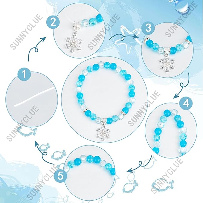 SUNNYCLUE 1 Box 209Pcs 6 Sets Snowflake Bracelet Making Kit Winter Charms Snow Snowflake Charms Christmas Bracelet Sets Glass Beads for Jewelry Making Kits Beginners Starter Women Gift