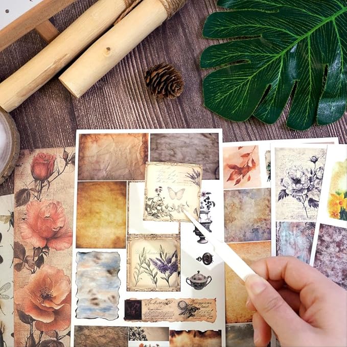 347Pcs Journaling Stickers and 20 Sheets Scrapbook Paper, Vintage Scrapbooking Kit, Plant Flower Butterfly Background Ephemera for Junk Journal Supplies, Planners, Bujo, Collage Art