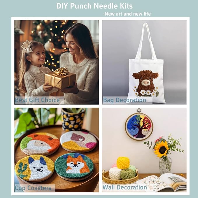 DIY Punch Needle Kits Siamese Cat Christmas Easy for Beginners Embroidery Starter Set with Hoop Needlepoint Craft Hobby and Home Decor 20x20cm