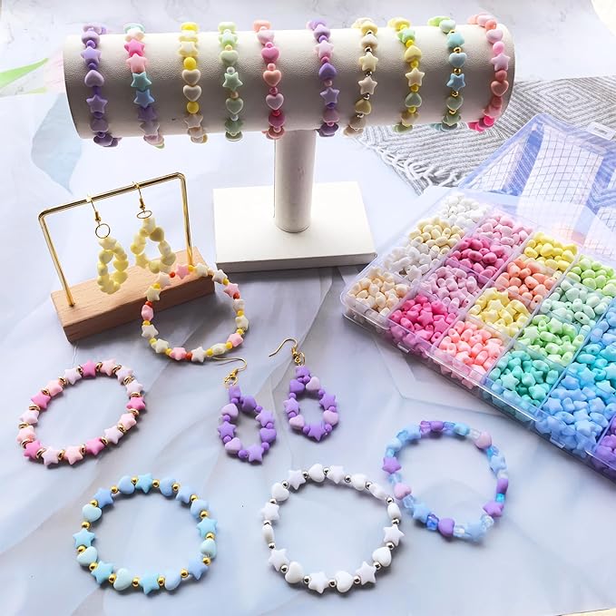 1000Pcs Matte Acrylic Star Beads Hart Beads for Jewelry Making, Macaron Colors Frosted Pastel Bead Colorful Assorted Cute Aesthetic Kawaii Bead for Bracelet DIY Craft Earring Phone Charm