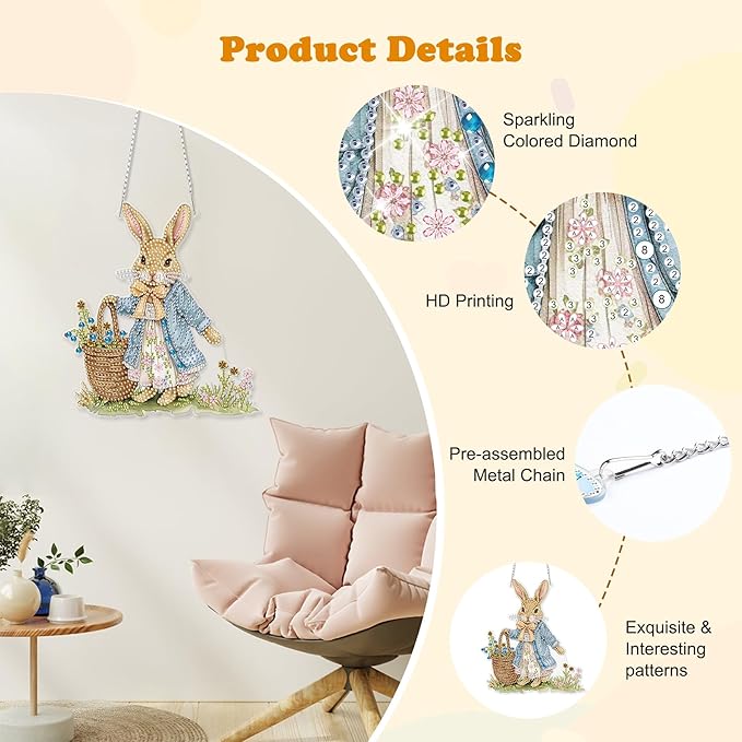 HEIBAGO Easter Bunny Diamond Art Hanging Kits for Adults, Diamond Art Suncatchers Rabbit, 5D Special Shape Diamond Painting Pendant, DIY Window Ornament Gifts for Home Garden Door Wall Decor 8.3x8.3In