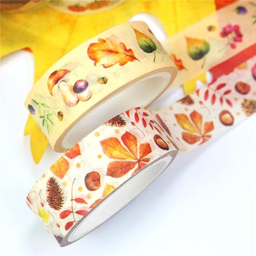 Autumn Washi Tape Set 10 Rolls - Yellow Leaves & Flowers Masking Decorative Tapes for Bullet Journal, Planner, DIY Arts Crafts, Scrapbooking Party Favors (Autumn)