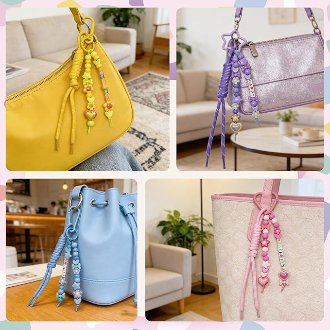 HejVulkan 828 PCS Beads Keychain Making Kit, Beaded Keychain Kit, DIY Bag Charm Kit with Alphabet Beads, Acrylic Star Heart Flower Beads, Paracord Keychain Bag Charm, Fun Creative Craft Gift