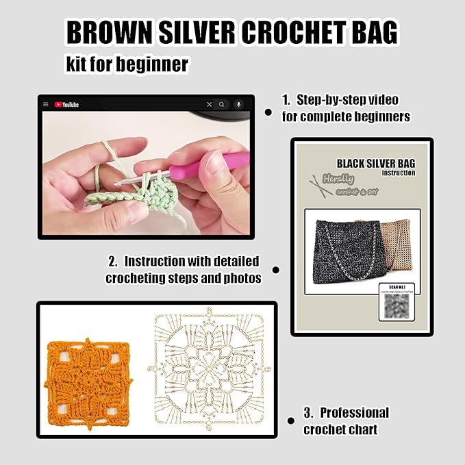 Herally Crochet Kit DIY for Beginners - Include Yarn, Hook and Accessory - with Step by Step Video Tutorials - Shining Tote Bag (Light Brown)