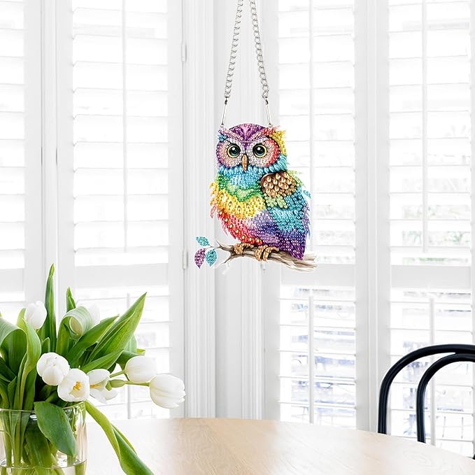 Animal Colorful Owl DIY Diamond Painting Pendant Kit - Acrylic Rhinestone Round Diamond Art, Special Shaped Window & Wall Hanging Decoration for Home & Garden Gift