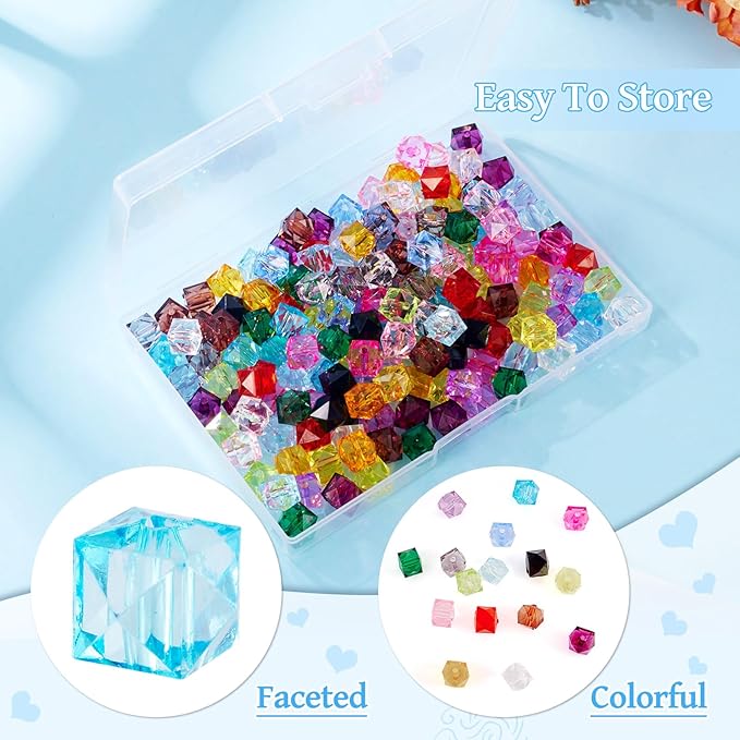 FASHEWELRY 160Pcs Clear Acrylic Cube Beads 10mm Square Crystal Beads Transparent Faceted Kandi Bead Colorful Cube Spacer Bead for Bracelets Necklace Earring DIY Jewelry Making