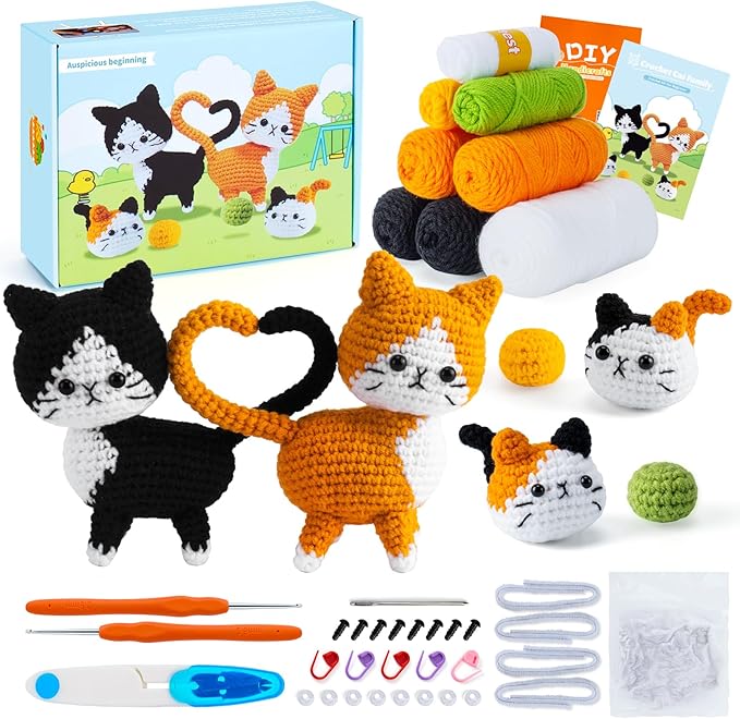 Valentine's Day Gift Cat Crochet Kit for Beginners-Crochet Kits 4PCS Cats Family Crochet Animals Kits with Step-by-Step Video Tutorials, Crochet Starter Kit Learn to Crochet Kits for Adults