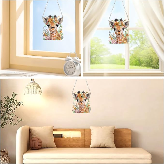 AIRDEA Hanging Diamond Painting Kits Giraffe,Special Shaped Diamond Art Kits for Beginner Flowers and Animals Gem Art Pendant Decor,7.63x6.53in