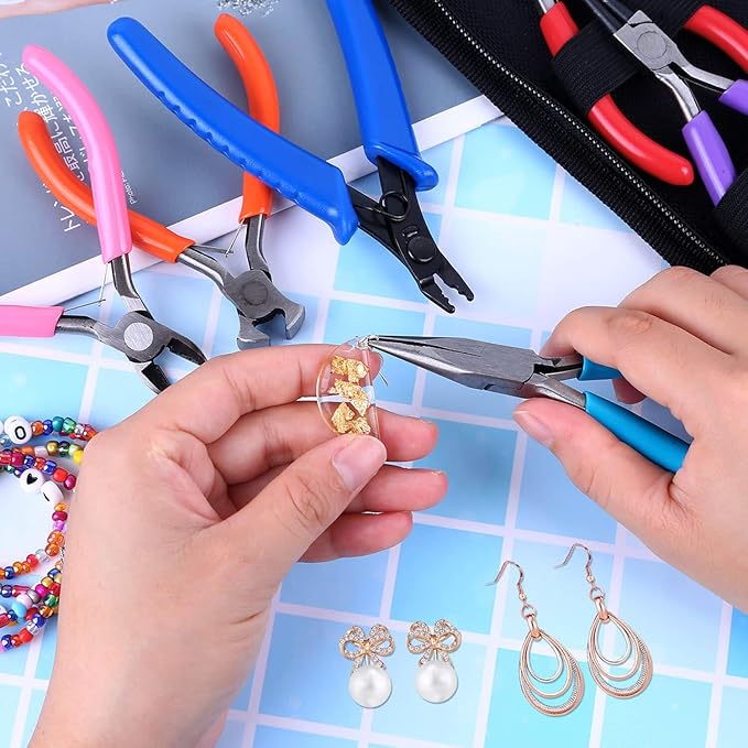 acejoz jewelry making tools kit: 6pc set, including needle round nose, wire cutters, crimper & end nippers for beading & craft
