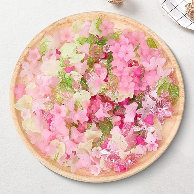 500Pcs Acrylic DIY Flower Leaf Beads Kits Including Assorted Pink Flower Loose Beads Maple Leaf Pendants Charms Acrylic Floral Caps for Earring Bracelet Necklace Craft Jewelry Making