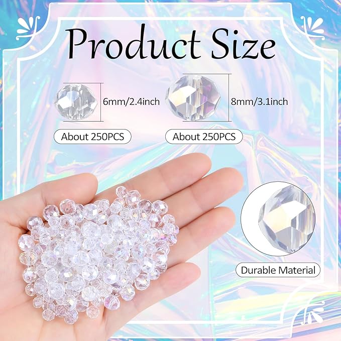 DUQGUHO Glass Beads,500 Pcs Crystal Beads Clear Beads for Jewelry Making Colorful Loose Beads Bulk Glass Beads for Bracelets 6/8mm AB Color