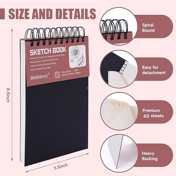sketch book, 5.5" x 8.5" sketchbook with 60 sheets (68lb/100gsm), 1 pack drawing pad acid free drawing book sketch pad foradults beginners artists (1 pcs black)