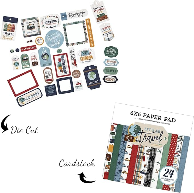 Trendzeen Travel Scrapbook Paper Pad - 6×6 Double Sided Paper Pack, Travel Ephemera Die Cuts for Vacation Album, Road Trip Journal - Adventure Theme Scrapbooking Supply - Total 2 Items