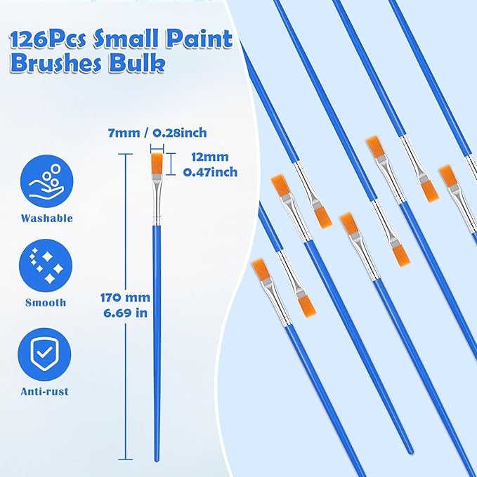 126 Pcs Flat Paint Brushes for Acrylic Painting, Small Paint Brushes Bulk, Kids Paint Brushes Set for Art Crafts Classroom Oil Watercolor Canvas Face Painting