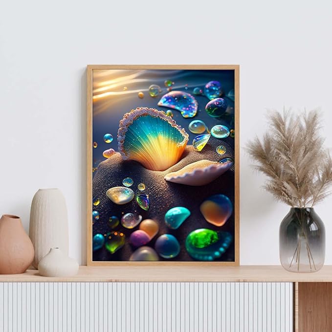 GEEHEIY Diamond Art Kits for Adults, 5D Seashell Diamond Painting Kits for Beginner, DIY Beach Gem Art Dots for Adults, Perfect for Home Wall Decor 12x16 Inch