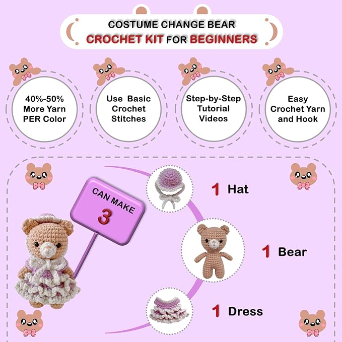 LoopMap Amigurumi Crochet Kit for Beginners with Removable Dress & Video Tutorials, DIY Bear Making Kit Includes Premium Yarn & Tools, Creative Gift for Adults Teens (Purple)