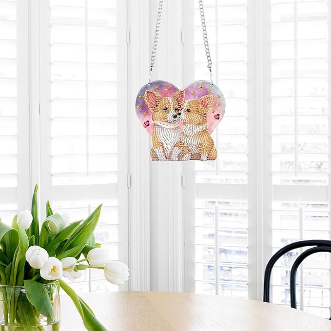AiYuanzsh DIY Acrylic Diamond Painting Hanging Kits, Love Dogs Special Shape Diamond Rhinestone Round Diamond Art, Window Decorations Home Garden Wall Hangings Valentine's Day Gifts