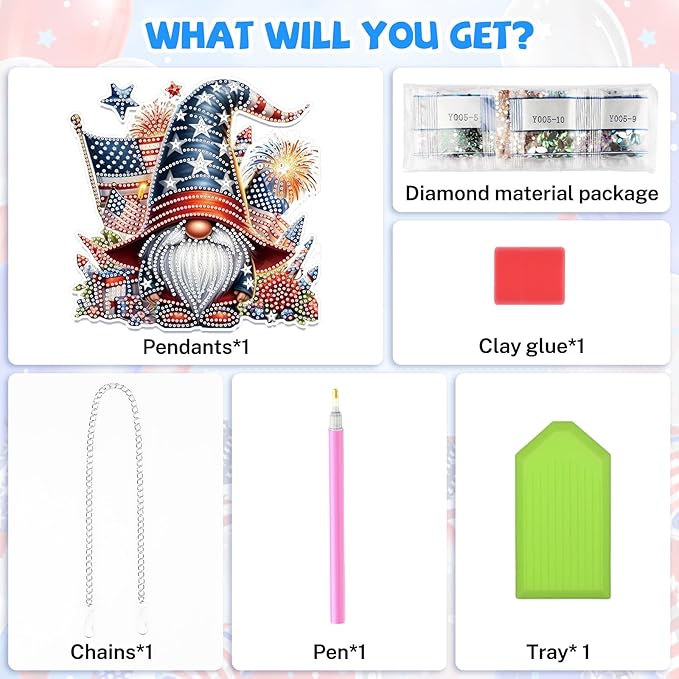 Bowetile Independence Day 5D Diamond Art Hanging Gnome Kits for Adults, 4th of July Fireworks Diamond Painting Window Pendant Kits, Special Shape Gem Art Suncatcher Ornament for Home Wall Decor