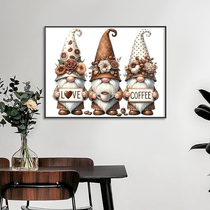 Yezavesu Gnome Diamond Art Kits for Adults, Coffee Diamond Painting Kit for Beginners, 5D DIY Round Full Drill Painting with Gem Art Craft Kits for Home Wall Decor 12x16 Inch